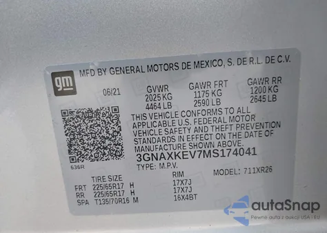2021 Chevrolet Equinox Fwd Lt z USA, uszkodzony, nr VIN 3GNAXKEV7MS174041